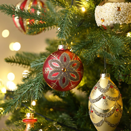 Valery Madelyn Glass Christmas Ornament Set, 10 Karat Red and Gold Hanging Ornaments for Christmas Trees, Mercury, Luxury Christmas Decorations, Ball Ornaments, Bulk Pack for