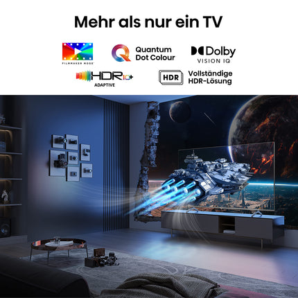 Hisense 65E7KQ PRO 164 cm (65-tolline) televiisor, 4K UHD, QLED, nutiteler, HDR, Dolby Vision IQ, 144 Hz (VRR), HDMI 2.1, mängurežiim PRO, kolmekordne tuuner, sisseehitatud Alexa, Dolby Atmos, tumehall [2023]