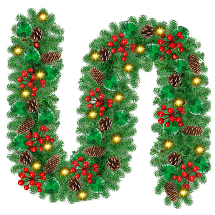 Christmas Garland with Lights - 2.7 M/9FT Garland Christmas Decoration with 30 LEDs, Artificial Christmas Wreath for Fireplace, Stairs, Door, Window, Indoor, Outdoor