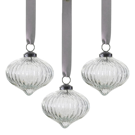 Ginger Ray Ribbed Glass Baubles, Christmas Tree Hanging Decoration with Silver Ribbon, 3 Pieces