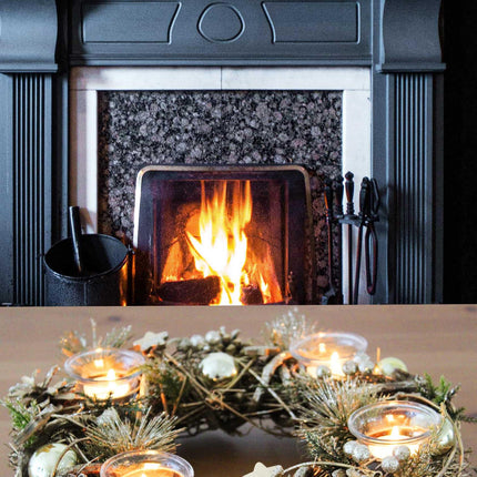 KAMACA XL Christmas wreath decorative wreath made of solid wooden branches with decoration such as fir branches and 4 glass candle holders Advent Christmas decoration table (XL Advent wreath gold 34 x 34 x 8 cm)