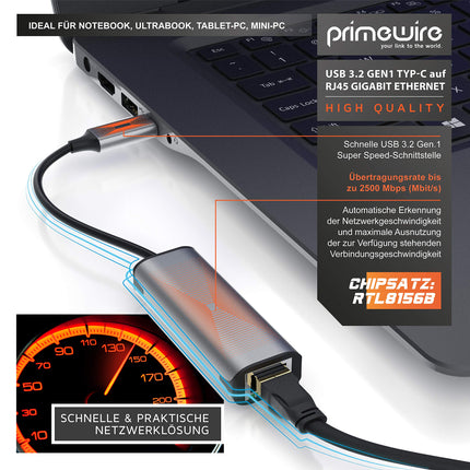 CSL - USB 3.2 võrguadapter 2500 Mbps - USB C RJ45 pesaga - gigabiti Etherneti LAN-adapter - kuni 2500 Mbps / 2.5GBase-T - ühildub iPad Pro, MacBook Pro, MacBook Airi ja Surface Bookiga
