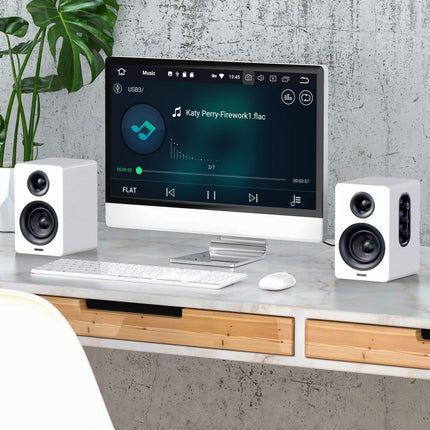 Sanyun SW208 3" aktiivsed Bluetooth 5.0 riiulikõlarid - 60W süsinikkiust kõlariüksus - sisseehitatud 24-bitine DAC - dünaamiline 3D ruumiline heli - 2.0 arvutimonitor (paar, valge)