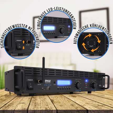 Pyle võimendi, minivõimendi, 2000W Bluetooth-võimendi, võimendi, stereovõimendi, helivõimendi, riiulile kinnitatav, 2 kanalit TRS XLR-sisendiga, LCD, sillarežiim, stereovastuvõtja, juhtmevaba