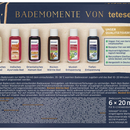 tetesept vannikomplekt "Hellitushetked" – vanniessentsi näidiskomplekt kinkekaardiga – ideaalne kingitus igaks sündmuseks – 1 x vannikomplekt (6 x 20 ml)