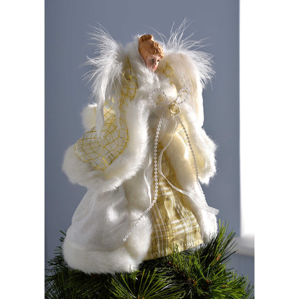 WeRChristmas Angel Christmas Tree Top Decoration with Feather Wings, Fabric, Cream/Gold, 25 cm