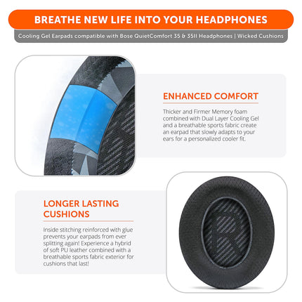 WC Freeze QC35 – Cooling Gel Ear Cushions for Bose QC35 and QC35ii (QuietComfort 35) Headphones and More | Breathable Sports Fabric, Cooling Gel, Extra Thick and Cooler for Longer | Geo Grey