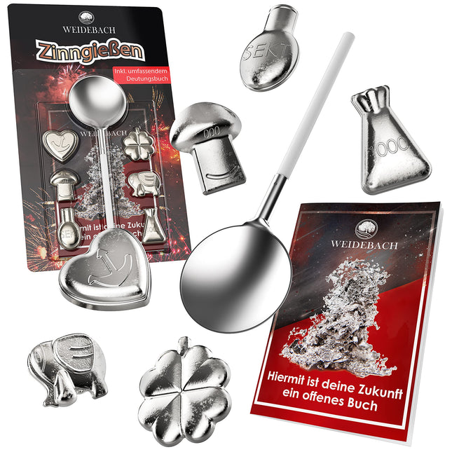 WEIDEBACH® Pewter Casting Set [VERSION 2024] 6 Figures, Lead Casting Alternative including Book with over 500 Interpretations, Non-toxic Pewter Casting as a New Year's Eve Game, Environmentally Friendly Pewter Casting Set, New Year's Eve