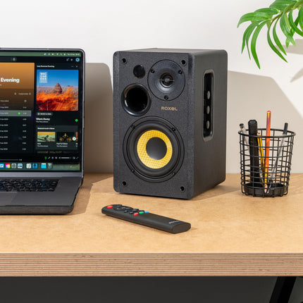 Roxel Soleil aktiivsed riiulikõlarid HiFi-le, subwooferi väljund, 2.0 stereoheli, juhtmevaba BT 5.3, optiline, RCA, USB, HDMI (ARC), sisseehitatud võimendi, reguleeritavad bassid/kõrged sagedused, 3-meetrine kõlarikaabel