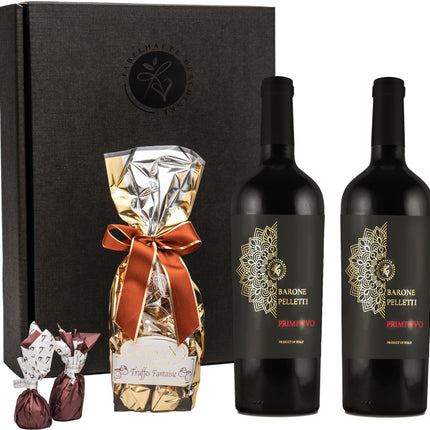Gift set: Primitivo Barone Pelletti red wine with chocolate truffles and figs in chocolate | Gift basket of wine and chocolate for men and women for birthdays, weddings, and anniversaries