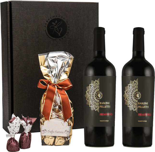 Kinkekomplekt: Primitivo Barone Pelletti punane vein šokolaaditrühvlite ja šokolaadis viigimarjadega | Veini ja šokolaadi kinkekorv meestele ja naistele sünnipäevadeks, pulmadeks ja aastapäevadeks