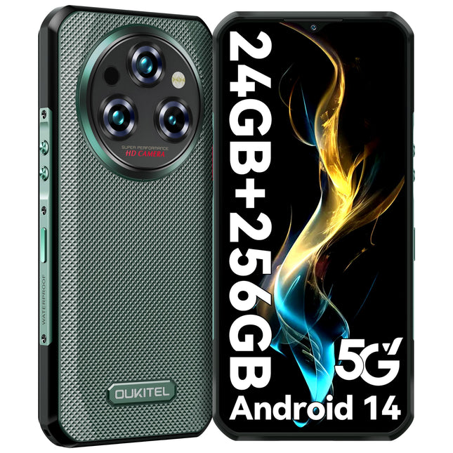 OUKITEL WP35 õues kasutatav nutitelefon 5G - Android 14 õues kasutatav mobiiltelefon 11000mAh, 24GB RAM + 256GB ROM Veekindel ehitusplatsi telefon 6,6 tolli, 64MP + 32MP + 8MP öise nägemisega kaamera, NFC/GPS/sõrmejälje/näotuvastusega, roheline