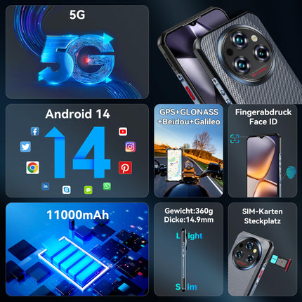 OUKITEL WP35 õuemobiiltelefon 5G - 11000mAh õues kasutatav nutitelefon ilma lepinguta Android 14, 24 GB RAM + 256 GB ROM ehitusplatsi mobiiltelefon 6,6 tolli, 64MP + 32MP + 8MP öise nägemisega kaamera, NFC / GPS / sõrmejälg / näotuvastus