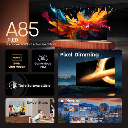 Hisense 55A85N 139 cm (55-tolline) televiisor, 4K UHD OLED nutiteler, 120 Hz, HDMI 2.1, mängurežiim Pro, AMD FreeSync Premium, Dolby Vision IQ ja Atmos, Bluetooth, sisseehitatud Alexa, must, [2024]