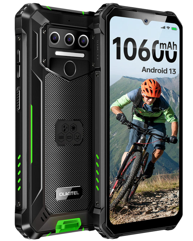 OUKITEL WP23 Android 13 välistingimustes kasutatav mobiiltelefon 10 600 mAh vastupidav nutitelefon 6517 tolli HD+ 7 GB + 64 GB 1 TB laiendatav ilma lepinguta 13 MP + 5 MP kaamera 4G kahe SIM-kaardiga, IP68/NFC/OTG/GPS/Face ID, roheline