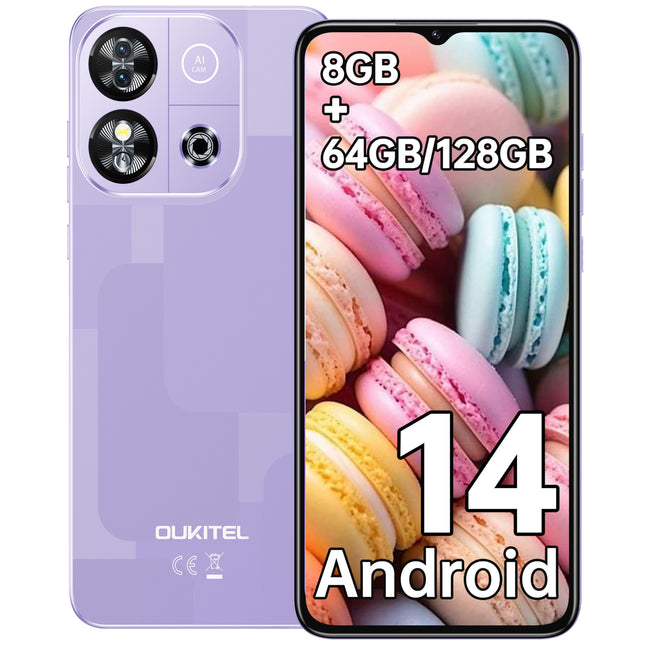 OUKITEL C57S Android 14 nutitelefon ilma lepinguta 4G - 8GB+64GB/128GB mobiiltelefon odav, kaheksatuumaline, 6,52-tolline HD+, 4300mAh mobiiltelefon ilma lepinguta, 4G kolmekordne SlM SIM-kaardivaba mobiiltelefon 2-aastane garantii - lilla