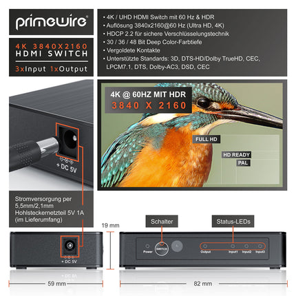 CSL - HDMI 2.0 jaotur 4k 60Hz - 3-pordiline lüliti puldiga - 2.0b Ultra HD 4096x2160 3840x2160 - HDR - 3D-valmis - HDCP - 48-bitine sügavvärv - automaatne vahetamine - toiteplokiga