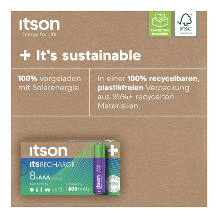 ITSON, AAA rechargeable batteries, 8 pieces, capacity with min. 800 mAh, packaging 95% recycled, made in Japan, best for remote controls, flashlights, watches