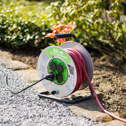 Meister cable reel H07RN-F3G1.5, IP44 - 40 m cable - thermal protection switch - outdoor / cable reel with 4 Schuko sockets / cable box with extension cable / cable reel with crank / 7435890
