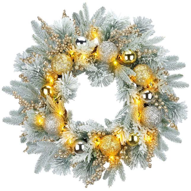 YULETIME 61 cm jõulupärg kunstjõulupärg jõuluehtede, marjade, lehtede, kuuseokste ja lumiste männiokastega (kuldne pall) (müüakse EL-is ilma tuledeta)