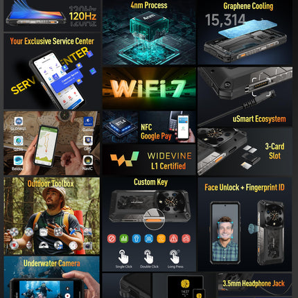 Ulefone Armor 28 Ultra 5G Outdoor Handy AI Smartphone mit Wärmebildkamera, 32GB+1TB, Dimensity 9300+ Baustellenhandy mit AMOLED Heckdisplay 6.67” FHD+, 10600mAh/120W, 50MP+64MP Nachtsicht, IP68/WiFi 7