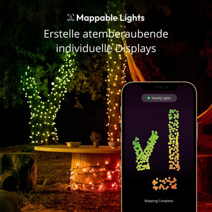 Twinkly Strings 600 LED RGB+ White, LED String Lights, Smart LEDs for Indoor and Outdoor Use, Compatible with Alexa and Google Home, IP44, App Control, Black Cable, 48m