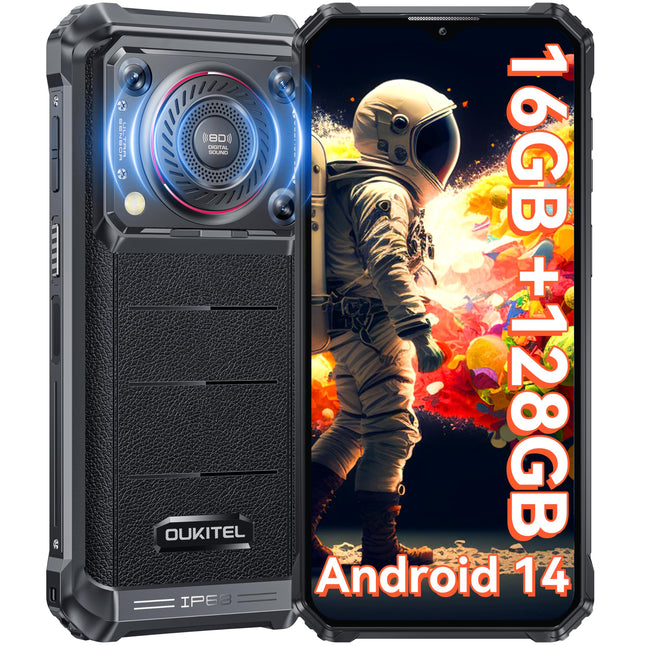 OUKITEL WP36 õuetelefon - 10600mAh 128dB kõlar, õues kasutatav nutitelefon ilma lepinguta, Android 13, 16GB + 128GB (1TB laiendatav), ehitusplatsi mobiiltelefon, 6,52 tolli, 13MP kaamera, 4G kahe SIM-kaardiga, IP68/NFC/OTG/Face ID