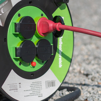 Meister cable reel H05RR-F3G1.5, IP44 - 25 m cable - thermal protection switch - outdoor / cable reel with 4 Schuko sockets / cable box with extension cable / cable reel with crank / 7435860