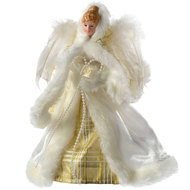 WeRChristmas Angel Christmas Tree Top Decoration with Feather Wings, Fabric, Cream/Gold, 25 cm