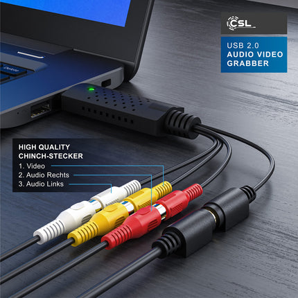 CSL - USB 2.0 Audio Video Grabber - Uus tarkvara, Windows 11-ga ühilduv - VHS - videoadapter monteerimiseks ja järeltöötluseks - kullatud kontaktid