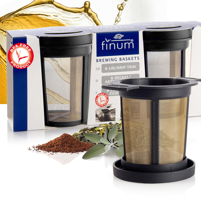 finum® KEETMISKORVIDE KOMPLEKT M Teesõel lahtisele teele, Roostevabast terasest teefilter tilgakogumisalusega, Püsiv filter teele ja kohvile, BPA-vaba, Suurus M, Must