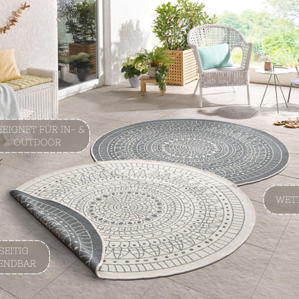 Northrugs Porto Indoor and Outdoor Rug Round – Round Reversible Rug Waterproof Mandala Design Flat Weave Rug Weatherproof for Balcony, Terrace, Garden, Living Room in Grey Cream, ⌀140cm