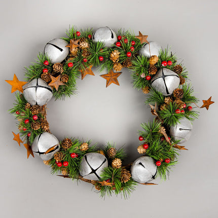 Christmas wreath with silver bells, stars, pine cones, berries, leaves, for outdoor Christmas, home, office, mantel, decorations