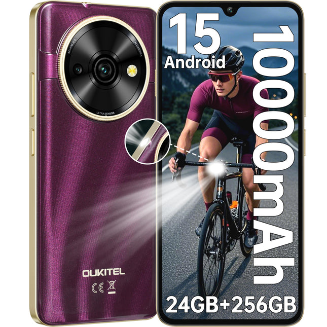OUKITEL C59 Pro Android 15 nutitelefon lukustamata - 10000mAh 24GB+256GB 6.88-tolline 90Hz mobiiltelefon Odav 13MP+5MP kaamera 120LM taskulamp, NFC, GPS, kahe SIM-kaardiga 4G SIM-kaardita mobiiltelefonid, lilla