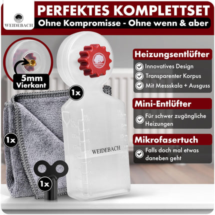 WEIDEBACH® kütteseadme õhutusvõti koos kogumisanumaga (140ml), kütteseadme õhutusvõti koos mikrokiudlapiga ja miniõhutusvõtmega kitsastesse kohtadesse, õhutusvõti igale kütteseadmele, pikk vorm