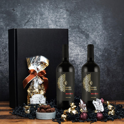 Gift set: Primitivo Barone Pelletti red wine with chocolate truffles and figs in chocolate | Gift basket of wine and chocolate for men and women for birthdays, weddings, and anniversaries
