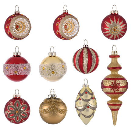 Valery Madelyn Glass Christmas Ornament Set, 10 Karat Red and Gold Hanging Ornaments for Christmas Trees, Mercury, Luxury Christmas Decorations, Ball Ornaments, Bulk Pack for