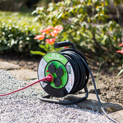 Meister cable reel H05RR-F3G1.5, IP44 - 25 m cable - thermal protection switch - outdoor / cable reel with 4 Schuko sockets / cable box with extension cable / cable reel with crank / 7435860