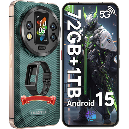 OUKITEL WP200 Pro 5G Outdoor Mobile Phone - Android 15 72GB+1TB Smartphone with SmartWatch, 6.7” AMOLED FHD+ 120 Hz Waterproof Unlocked, 8580mAh/45W, 108MP Camera, 5G Dual SIM/NFC/WiFi 6 - Green