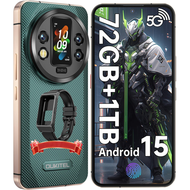 OUKITEL WP200 Pro 5G Outdoor Mobile Phone - Android 15 72GB+1TB Smartphone with SmartWatch, 6.7” AMOLED FHD+ 120 Hz Waterproof Unlocked, 8580mAh/45W, 108MP Camera, 5G Dual SIM/NFC/WiFi 6 - Green