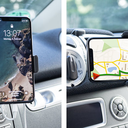 grooveclip AIR Slider 2 - Universal mobile phone holder for ventilation grilles in the car - with smartphone charging cable holder - for iPhone Samsung LG Sony Huawei Xiaomi ASUS Oppo OnePlus HTC