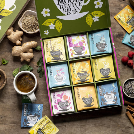 Cupper orgaanilise tee kinkekomplekt, teekomplekt, kingiidee, värviline teekarp 9 erineva sordiga, valitud taime- ja puuviljateede kollektsioon (1 karp, 45 teekotti)