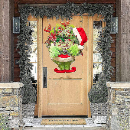 Christmas Thief Wreath for Front Door, Green Ivory Christmas Wreath Hanging Welcome Sign Home Decoration Indoor Outdoor (Green, 46 x 30 cm)