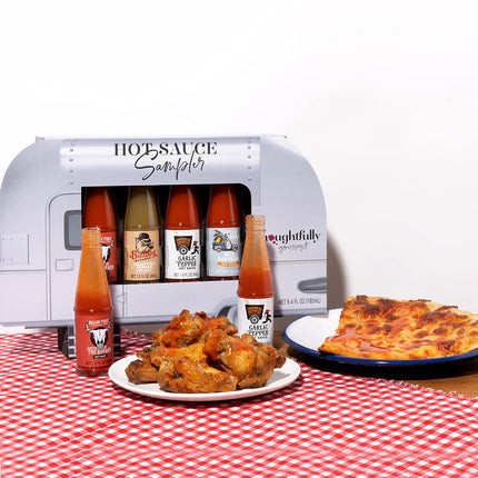 Thoughtfully - tšillikastme kinkekomplekt - tänavatoidukäru Airstream degusteerimiskomplekt 4 vürtsika tšillikastmega - kingitus meestele ja naistele