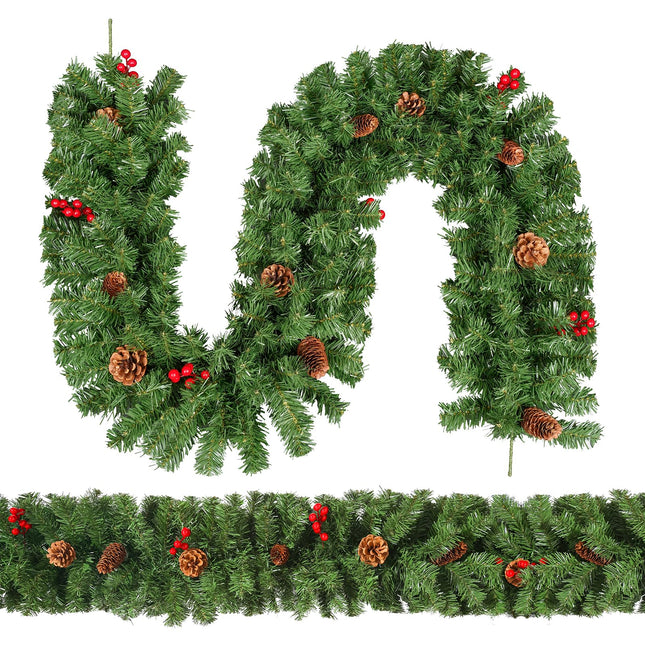 Christmas garland 270 cm, Uten fir garland with red berries and pine cones, Christmas decoration green, for door, stairs, wedding