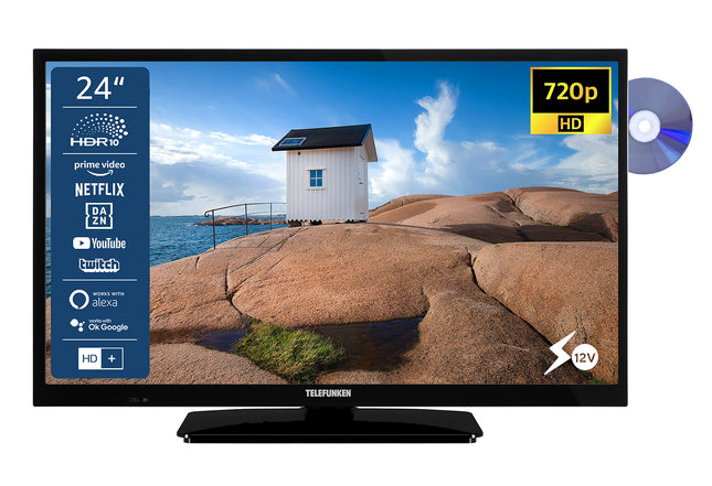 TELEFUNKEN XH24SN550MVD 24-tolline televiisor/nutiteler (HD-valmidus, HDR, kolmekordne tuuner, 12 volti, DVD-mängija) – 6 kuud HD+ garantiid kaasas [2023], must