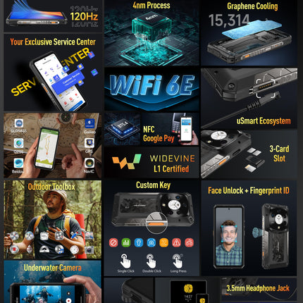 Ulefone Armor 28 Pro välistingimustes kasutatav mobiiltelefon 5G tehisintellektiga nutitelefon 32GB+512GB/SD-2TB, 6.67" FHD+ 120Hz AMOLED+1.04" alamekraan 10600mAh 120W 50MP + 50MP + 50MP + 64MP öönägemine Android 14/3 pesa/OTG/NFC must