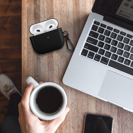 MyGadget kunstnahast ümbris, mis ühildub Apple Airpods 3. põlvkonna kõrvaklappidega - ümbris [Qi-ühilduv] - vastupidav ja põrutuskindel kaitseraud karabiiniga mustas värvitoonis