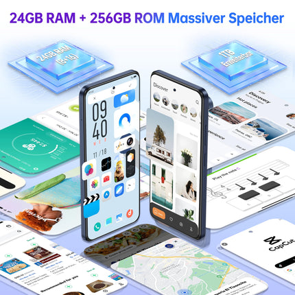 OUKITEL C65 Pro Android 15 nutitelefon, 24GB+256GB/1TB lukustamata nutitelefon, 90Hz, 6.7", 5150mAh, 50MP+8MP kaamera, kahe SIM-kaardi pesa 4G / näotuvastus + sõrmejälg / GPS / OTG / sinine
