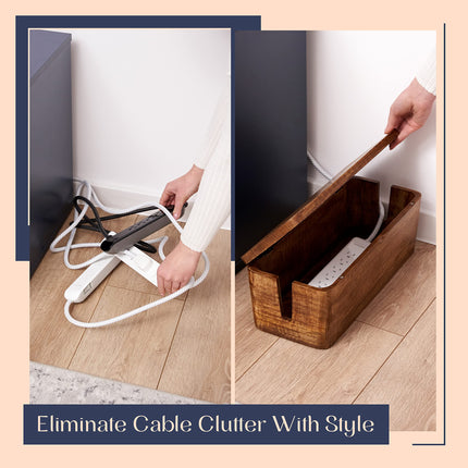 Cable Management Box &amp; Cord Organizer for Desk, Home, Office, Hides Cables, Surge Protector, Power Strip. Eco-Friendly Mango Wood Cable Management Solution (Natural)